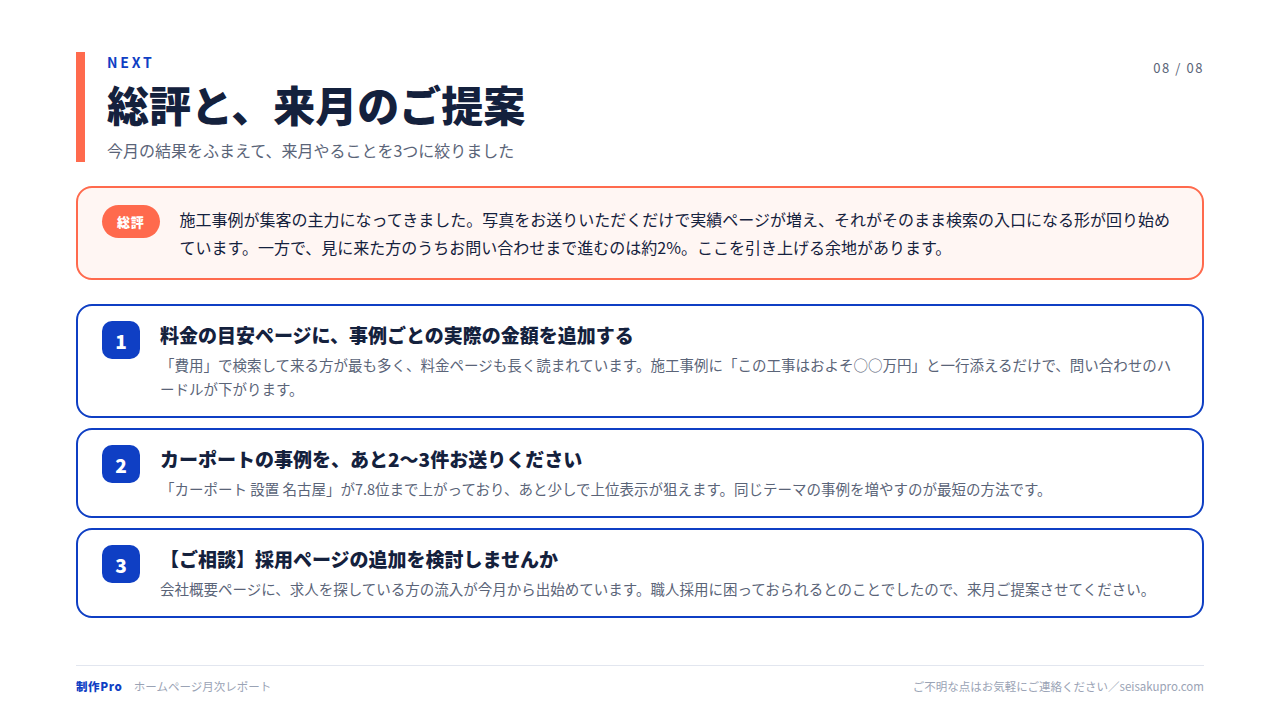 制作Proの月次レポート例。総評と来月の提案をまとめたページ